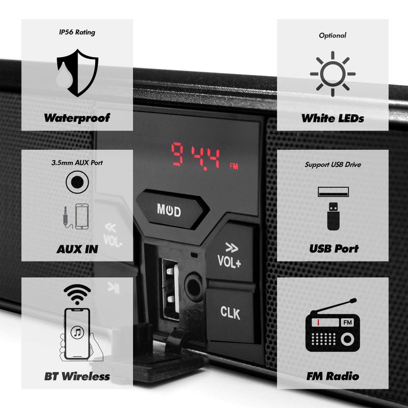 GoHawk سماعات دراجة نارية بلوتوث GoHawk، سماعات مقاومة للماء مع أضواء LED، قاعدة قابلة للتعديل 360 درجة، راديو FM ومدخل AUX لدراجة هارلي، UTV، ATV، تناسب المقابض من 7/8" إلى 1-1/4" - Image 3